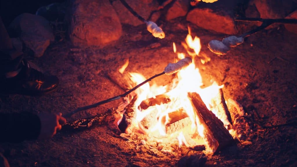 Image of guests enjoying smores around a campfire. October in Texas is the ideal time for Texas Fall Festivals and Campfires.