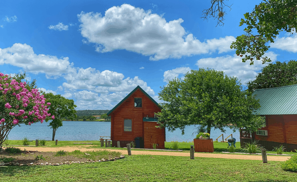 Image of one of our Texas lake cabins at Willow Point. Each texas hill country cabin has an unobstructed view of Lake Buchanan.
