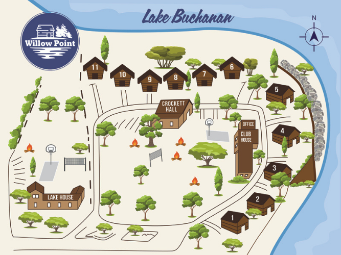 Image of the layout of our family friendly lake cabins at Willow Point