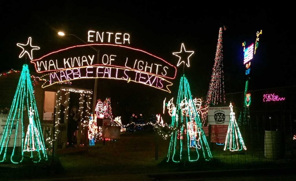 Image of the Marble Falls Walkway of Lights entrance.