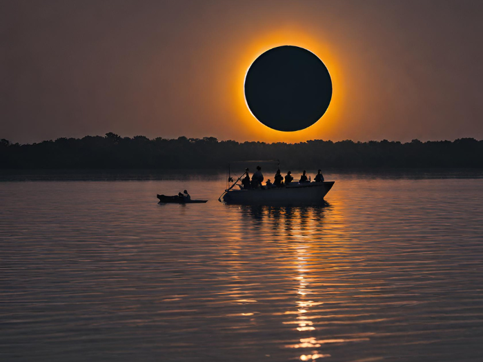 Image of a total solar eclipse happening over a Texas lake.